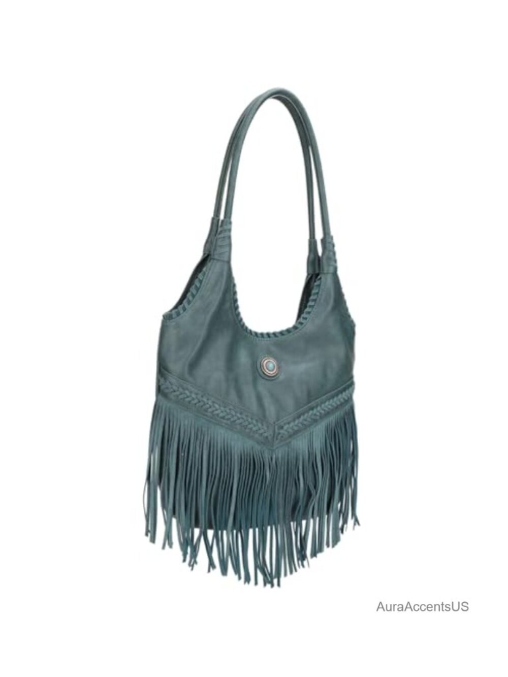 Faux Leather Fringe Hobo Bag with Turquoise Concho and CCW Pocket